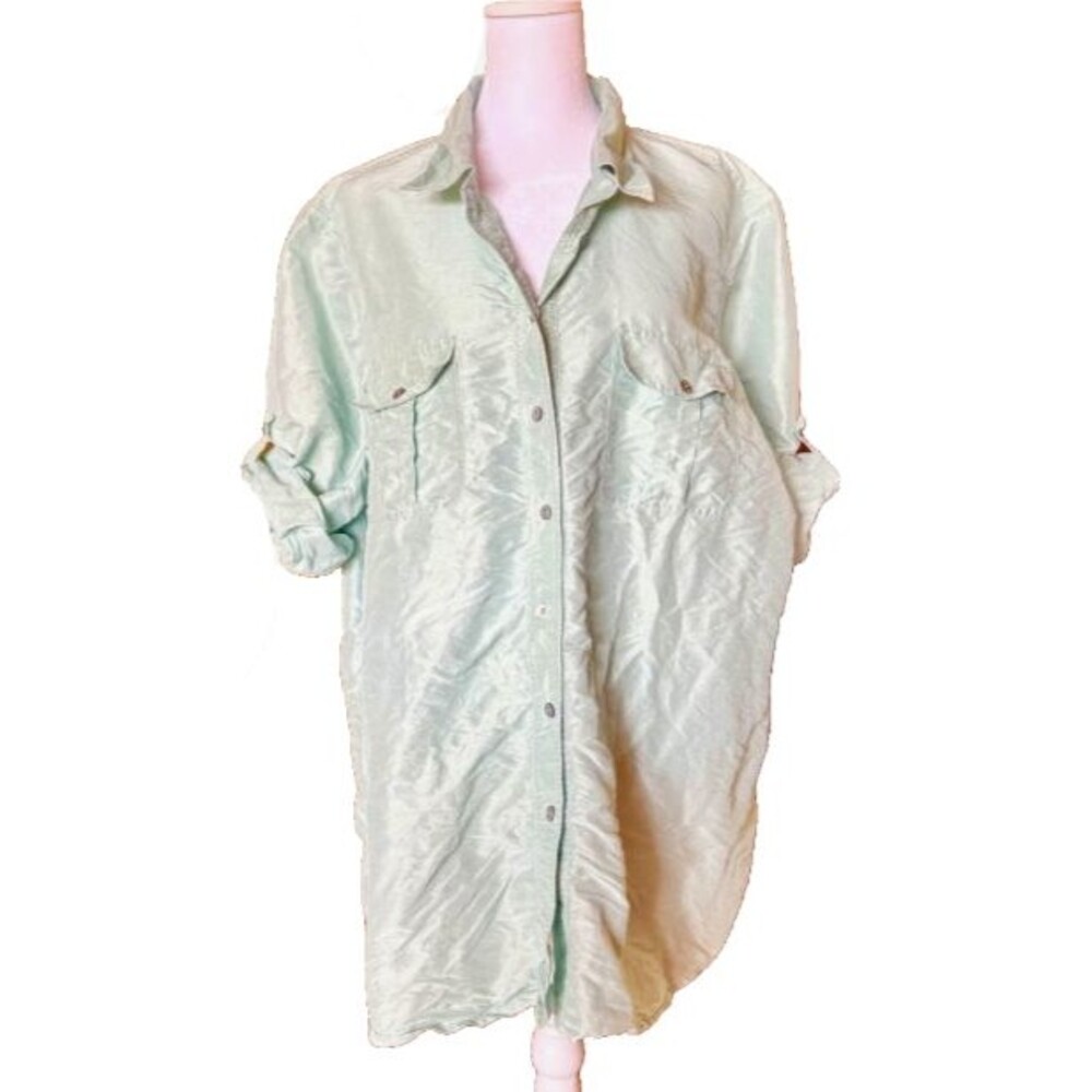 Vintage 1990s The Avenue Silk Blouse Plus 18 20 Iridescent‎ Green Button Up